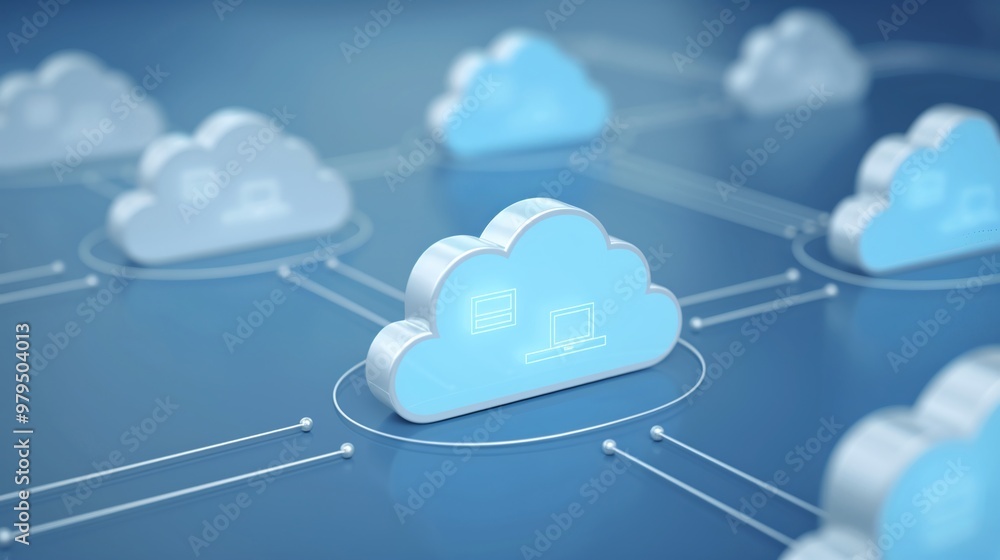 Poster illustration of cloud computing technology with interconnected cloud icons on a blue background, rep