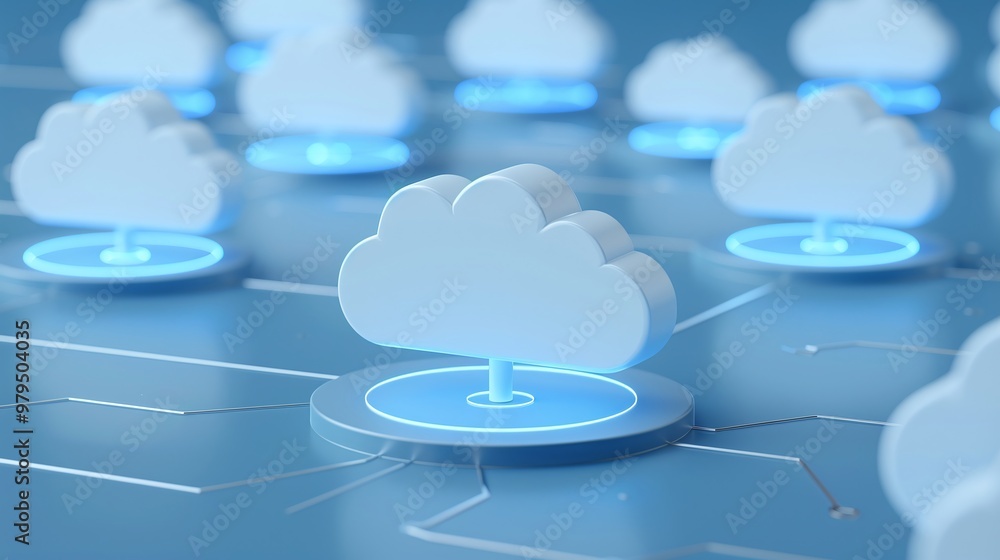 Poster illustration of cloud technology with glowing signals representing data flow in a digital network.