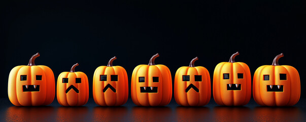 Funny Spooky Pixel Pumpkins, Trendy Cartoon 3D Graphic Art. Screaming, Smiling, Shouting. Digital Twin, Online Cyberspace, Retro Arcade Video Game. Modern Minimal Geometric Festive Seasonal Background