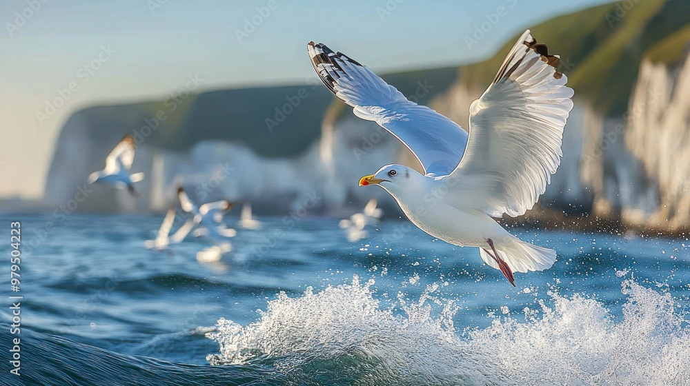 Sticker Seagull in Flight Over the Ocean