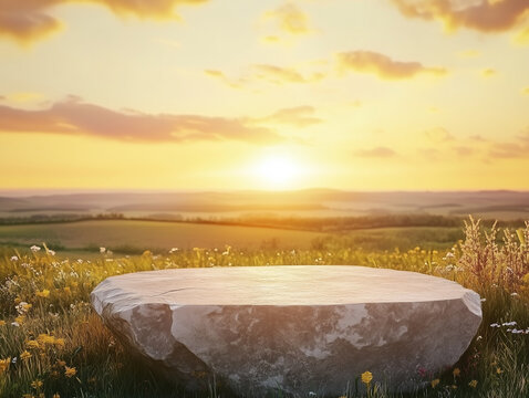  empty stone podium in field for product presentation sunset beauty scene