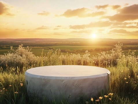  empty stone podium in field for product presentation sunset beauty scene