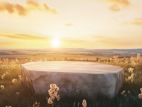  empty stone podium in field for product presentation sunset beauty scene
