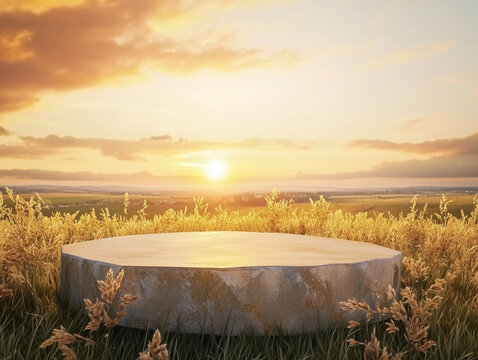  empty stone podium in field for product presentation sunset beauty scene