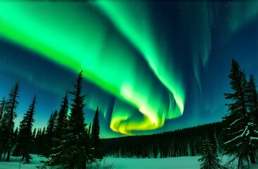 Green and blue Northern lights (Aurora borealis) in the sky. Night winter landscape with aurora and pine tree forest.