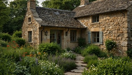 Beautiful stone cottage with a lush natural garden.