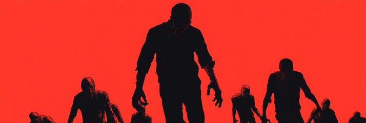 Zombie silhouettes stagger against a stark orange-red background, creating a macabre and intense visual that captures the essence of horror.