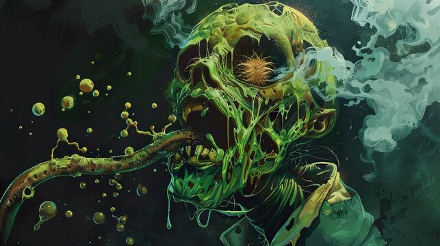 A close-up illustration of a green, decaying zombie skull with a long, slimy tongue, surrounded by smoke and bubbles.