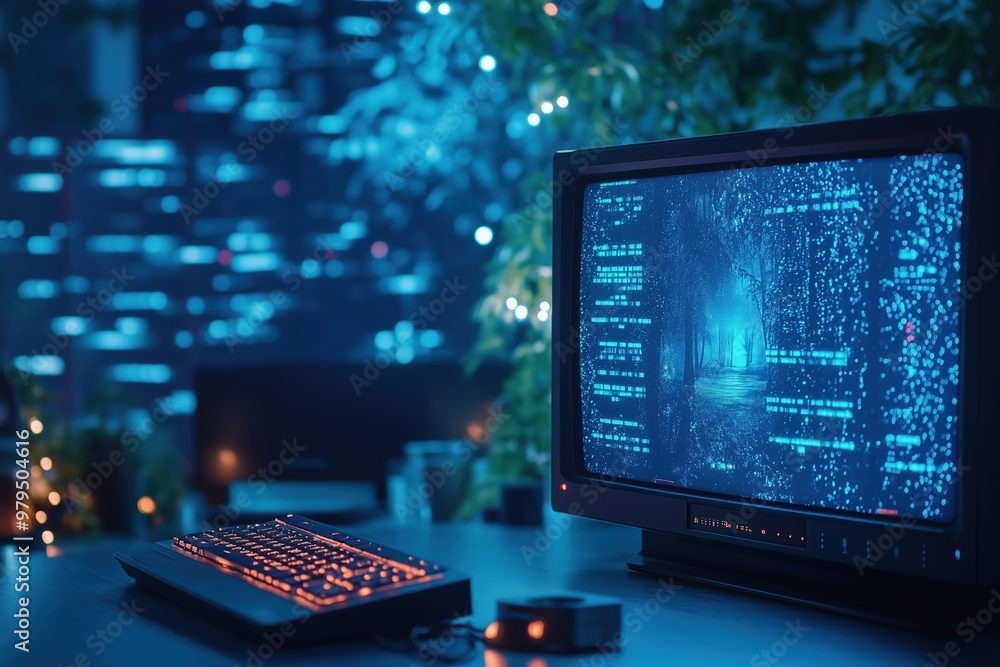 Poster cyberpunk coder's den: a vintage computer hums with futuristic code in a neon-lit urban jungle, hint