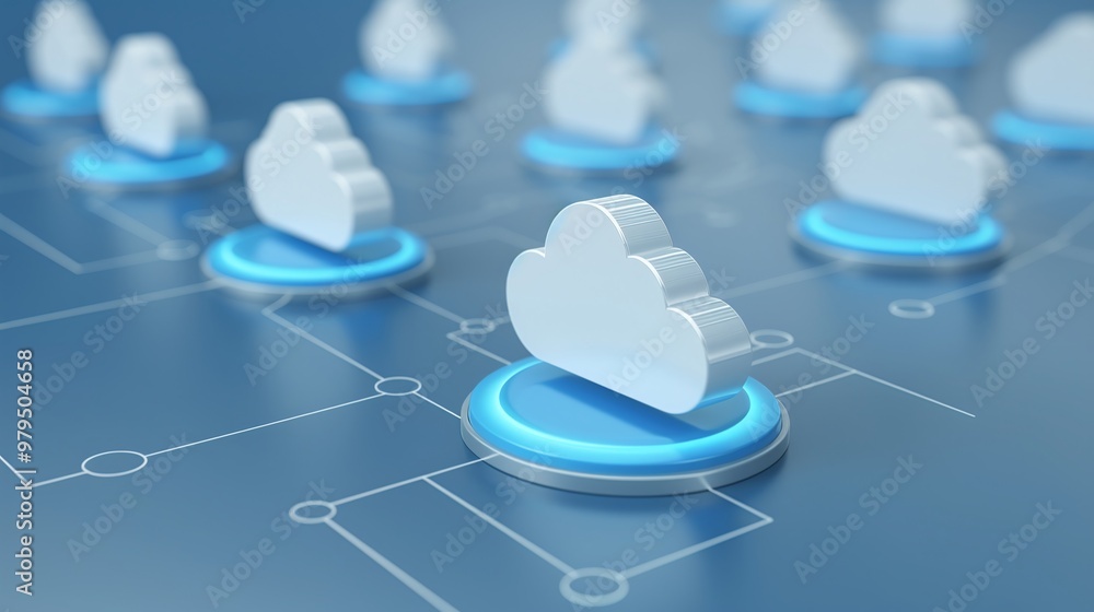 Poster modern cloud computing concept with 3d cloud icons and network connections, symbolizing data storage