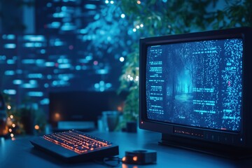 Cyberpunk Coder's Den: A vintage computer hums with futuristic code in a neon-lit urban jungle, hinting at late-night innovation and digital artistry.