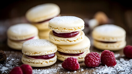 Fototapeta premium elegant White Chocolate Raspberry Macarons with Italian meringue shells, creamy ganache, and fresh raspberries.