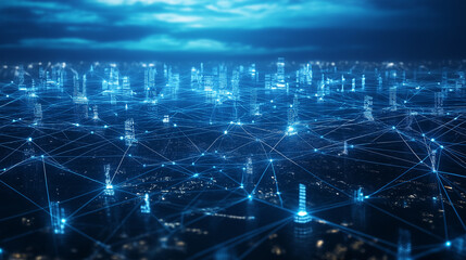 Fototapeta premium Modern city with big data concept. Abstract composition with dots and connecting lines. Blue background. Plexus effect