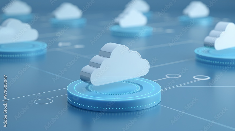 Poster modern cloud computing concept with digital clouds and network connections, representing data storag