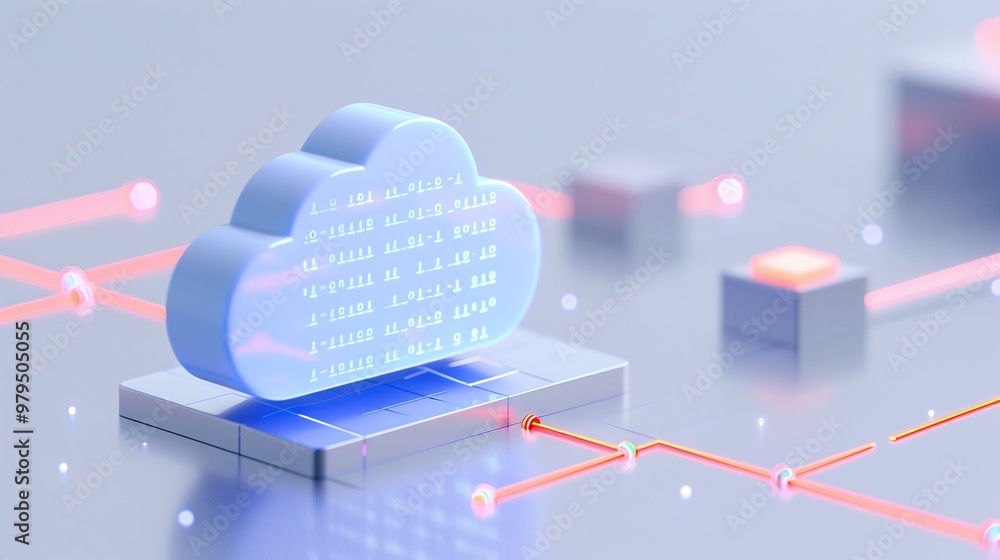 Poster modern cloud computing concept with digital elements, illustrating data storage and network connecti