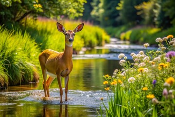 A serene white-tailed doe stands alone by a tranquil creek, surrounded by lush greenery and vibrant wildflowers, on a warm sunny afternoon.