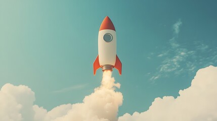 Red and White Rocket Launching Through White Clouds Against a Blue Sky
