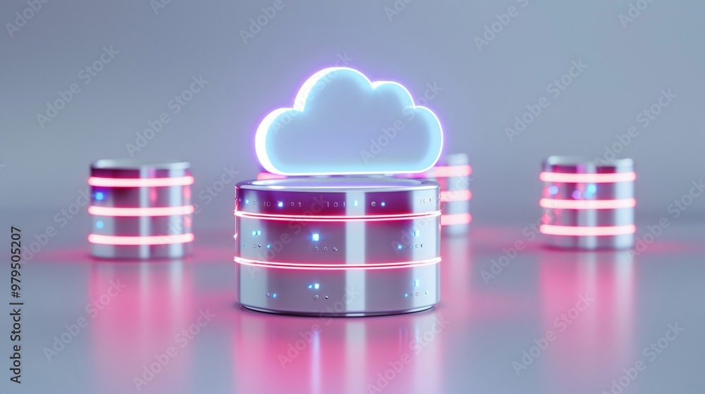 Aufkleber modern cloud computing concept with glowing cloud icon positioned above data storage units, showcasi