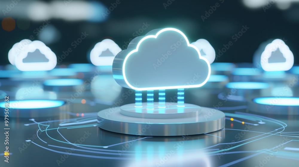 Poster modern cloud computing concept with glowing cloud icons and digital network elements for technology 