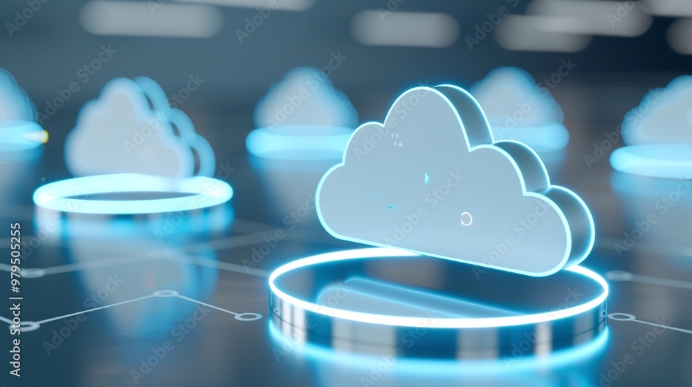 Poster modern cloud computing concept with glowing cloud icons and digital connectivity for technology, dat