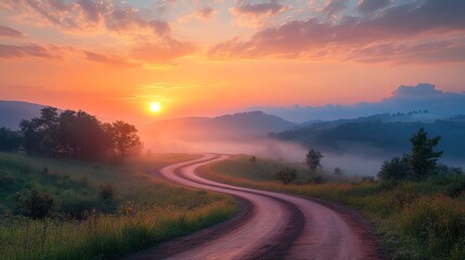 Winding road leading through a misty valley at sunrise.