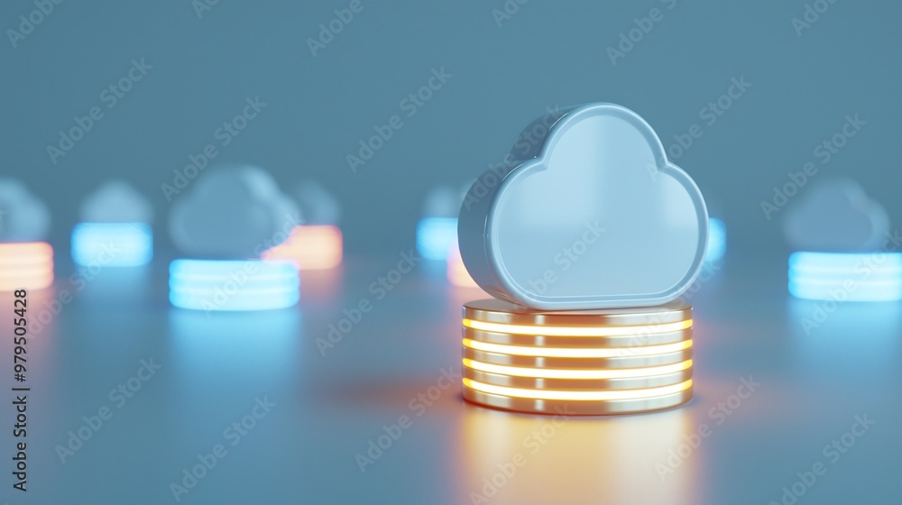 Poster modern cloud computing concept with glowing icons, representing data storage and digital infrastruct