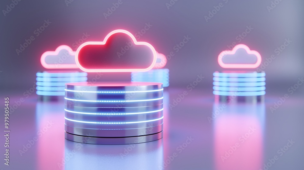 Poster modern cloud computing concept with glowing neon clouds over metallic databases on a sleek surface.