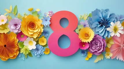 colorful paper cutout flowers forming number 8 for womens day sale ai generated design