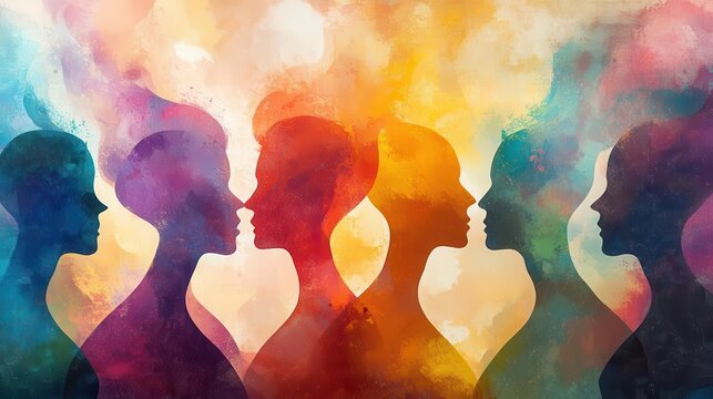 colorful silhouettes of six imaginative people concept of mental and emotional diversity creative illustration