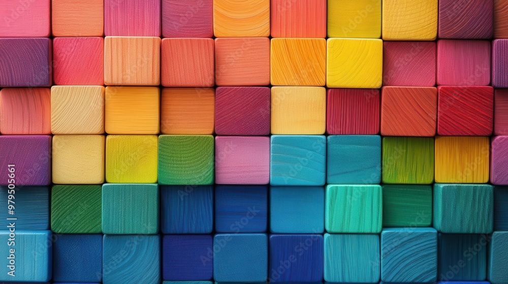 Aufkleber colorful spectrum of wooden building blocks arranged in geometric pattern top view