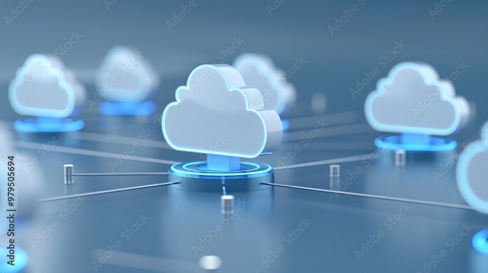 Poster modern cloud computing concept with interconnected data icons, symbolizing digital storage and techn