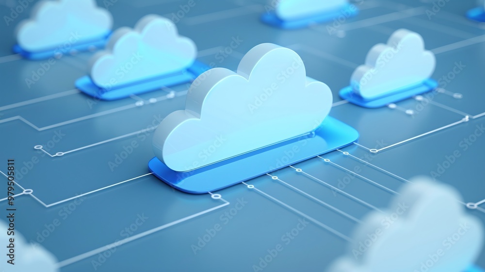 Poster modern cloud computing concept with stylized clouds connected through digital lines on a blue backgr