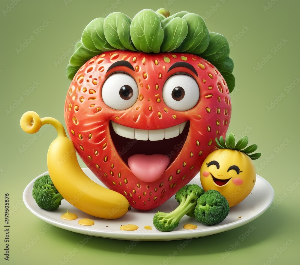 Poster cheerful cartoon characters of a strawberry and banana with smiling faces, accompanied by broccoli. 