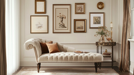 Fototapeta premium A cozy vintage glam living room with an antique bar cart, velvet chaise lounge, and gilded framed artwork on the walls