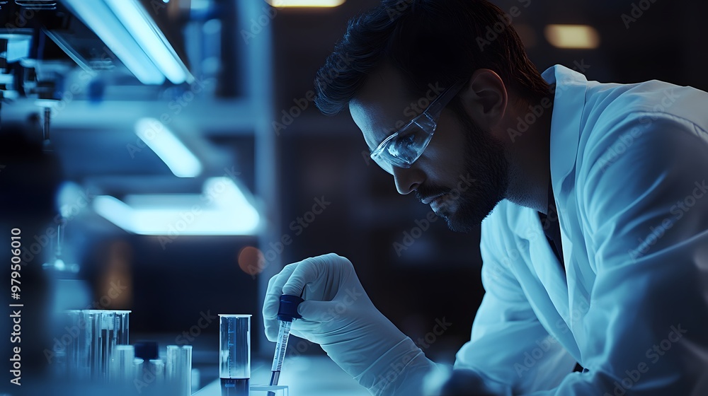 Poster a scientist in a lab coat carefully uses a pipette to transfer liquid from one vial to another