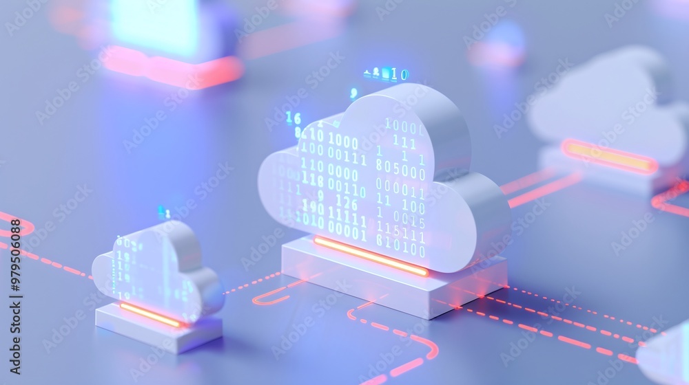 Poster modern cloud computing illustration with data transfer, showcasing digital clouds and glowing connec