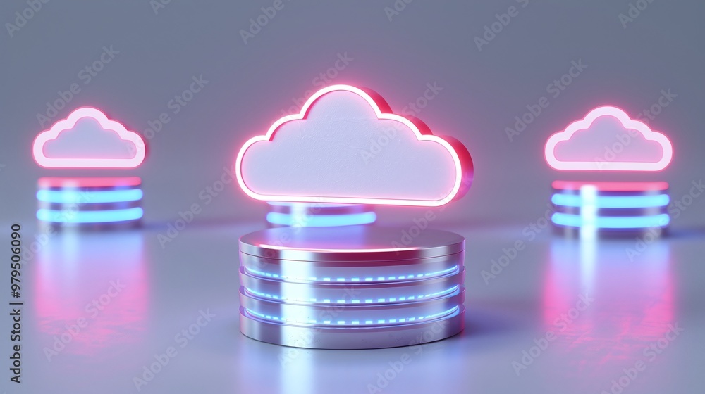 Aufkleber modern cloud computing illustration with glowing cloud icons on futuristic data storage platforms.