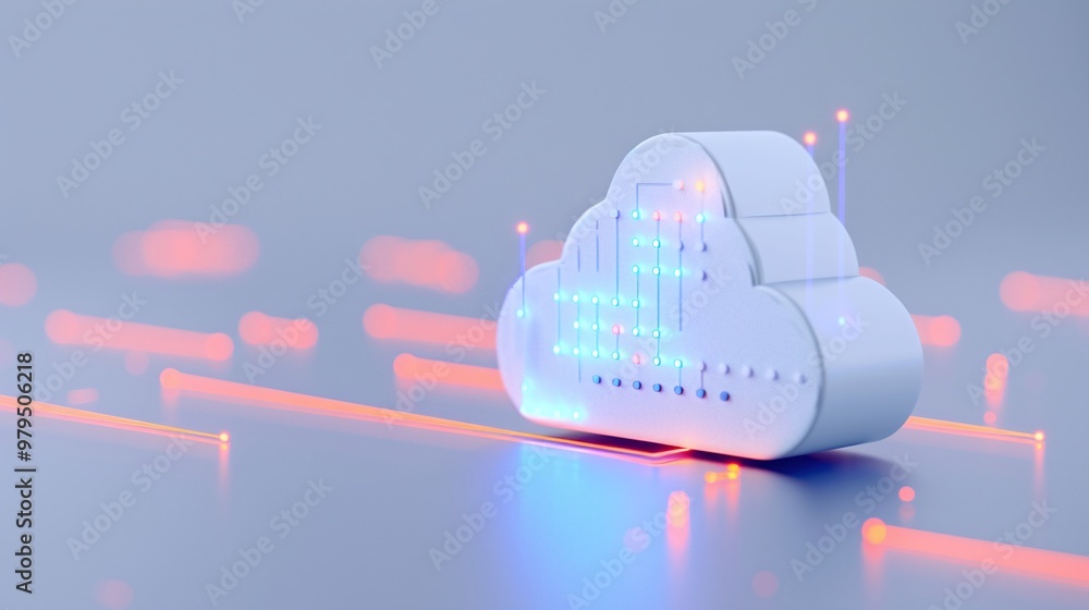 Poster modern cloud computing symbol with red and blue lighting effects, representing data storage and tech