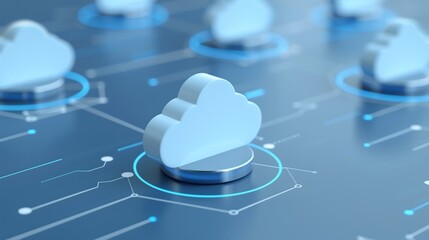 Modern cloud computing technology concept with interconnected cloud icons on a digital background.
