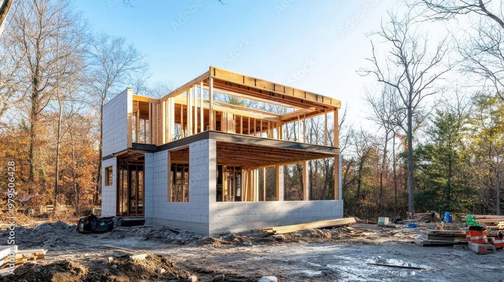 Aufkleber contemporary home construction partially built house frame showcasing modern architectural design cl