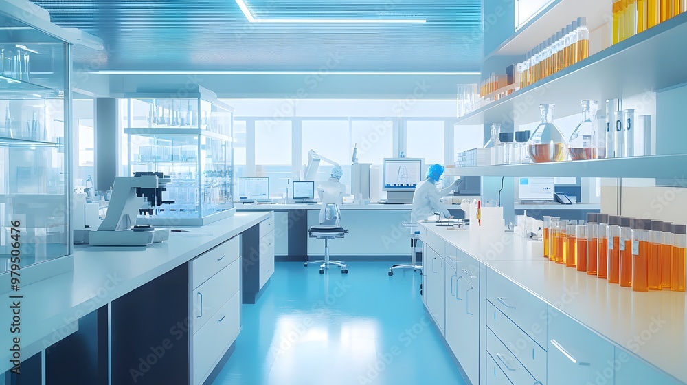 Poster a modern laboratory with scientist working at a lab bench