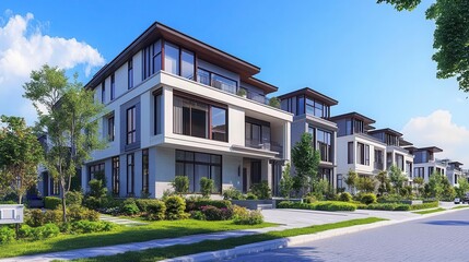 contemporary generic residential buildings in urban neighborhood architectural 3d rendering for real estate marketing