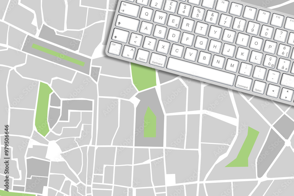 Poster imaginary cadastral and general urban planning documentation with computer keyboard
