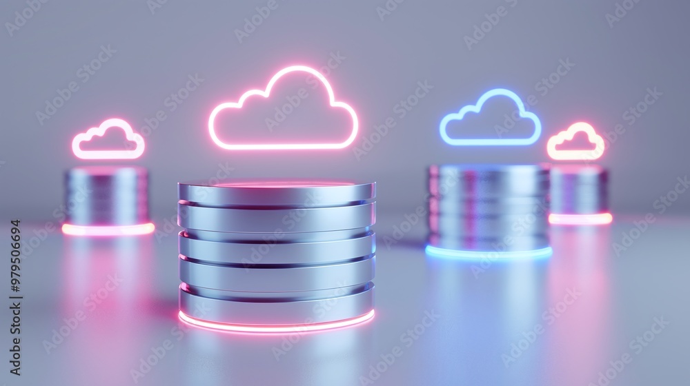 Poster modern cloud storage concept featuring sleek metallic databases with colorful neon cloud icons above