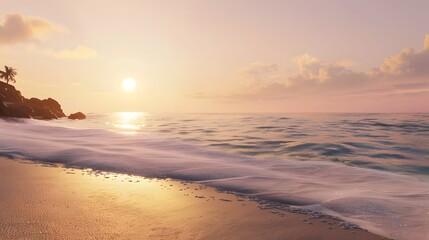 Fototapeta premium Golden Hour Over a Serene Beach with Gentle Waves Lapping Against the Shore and a Sky in Shades of Pink and Orange