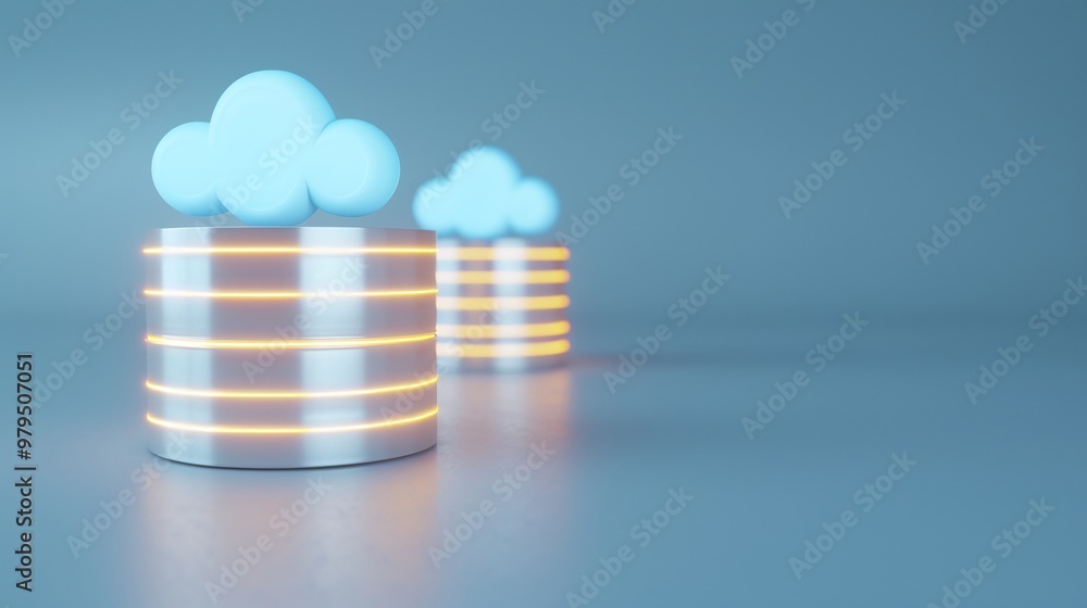 Poster modern cloud storage concept with glowing data cylinders and stylized clouds, representing digital i