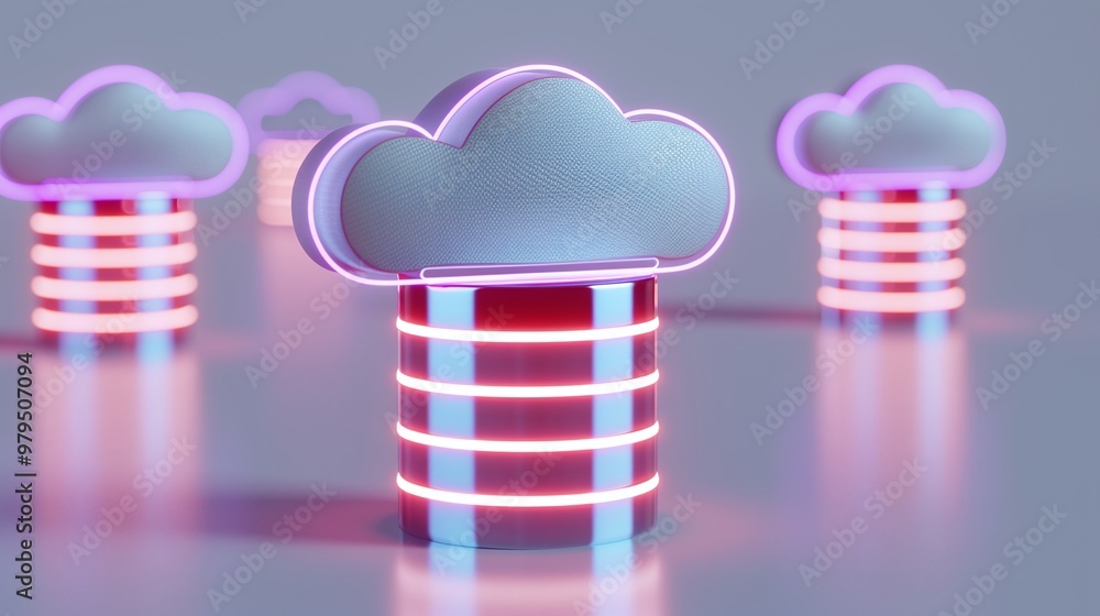 Poster modern cloud storage concept with glowing elements and vibrant colors. ideal for technology and data