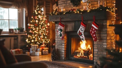 cozy fireplace adorned with whimsical christmas stockings and twinkling fairy lights rustic living room bathed in warm glow epitomizing holiday cheer and hygge comfort