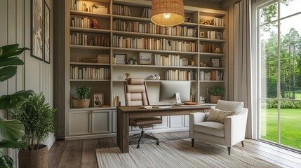 cozy farmhouse style home office with floortoceiling bookshelf and warm lighting boho neutral tones ai assisted
