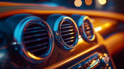 Close up of modern car ventilation system at night